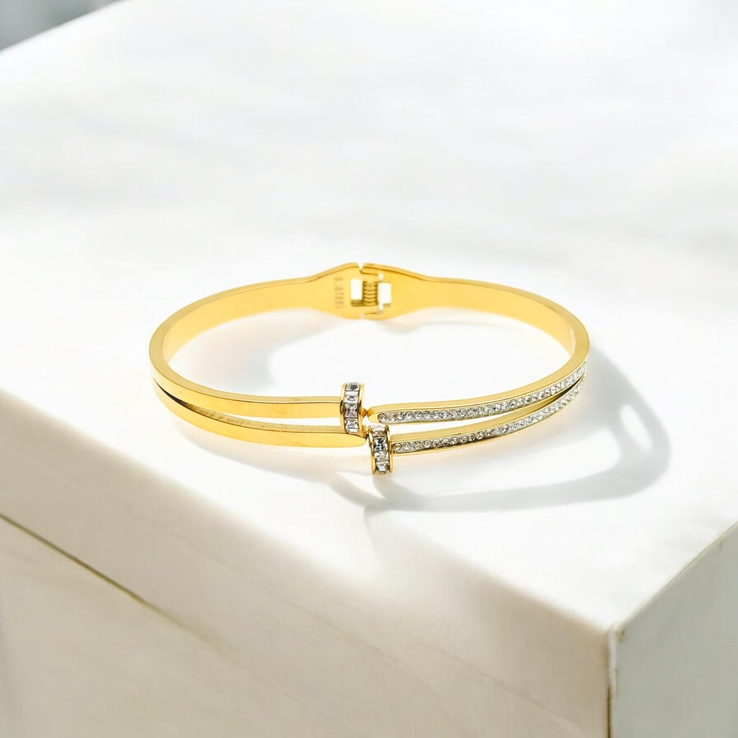 Gold-Colored Bangle Bracelet with Double Zirconia Rows