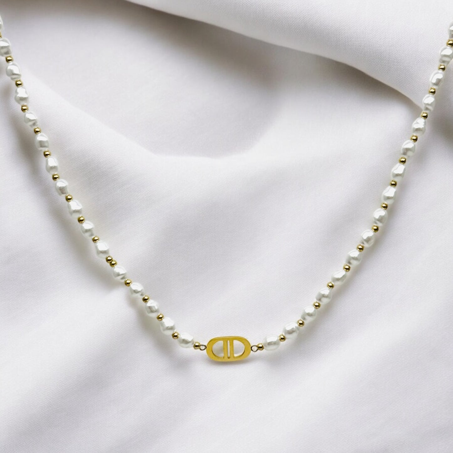 Pearl Necklace with Gold Logo Detail