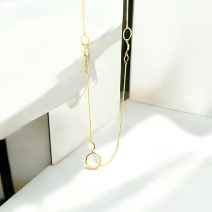 Long Gold-Colored Necklace with Circle and Mother of Pearl Pendant