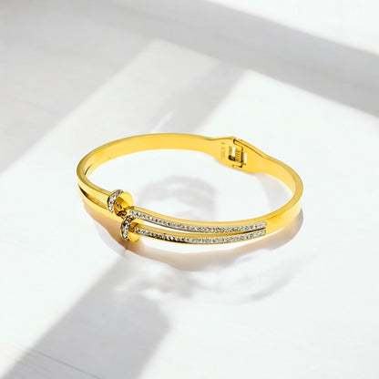 Gold-Colored Bangle Bracelet with Double Zirconia Rows